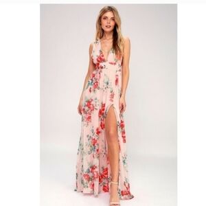 Lulu's Garden Meandering Floral Chiffon Sleeveless Maxi Dress Blush Size Small
